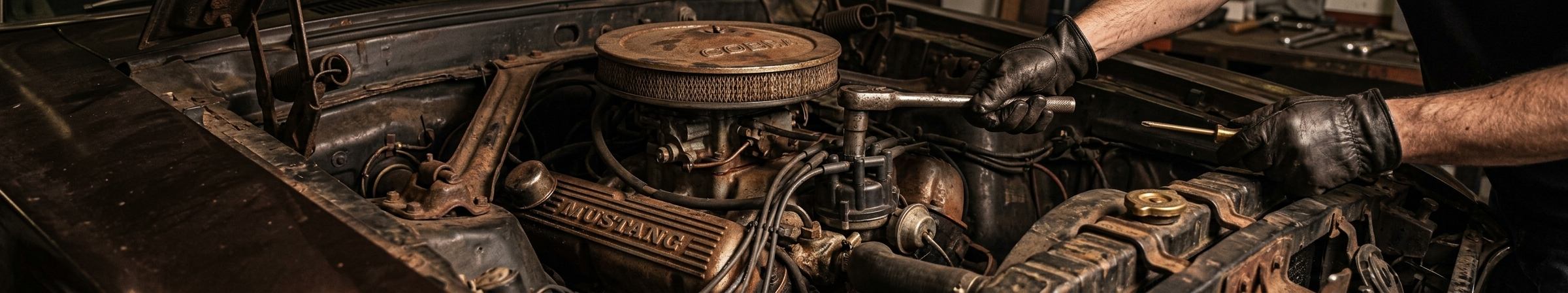 A vintage muscle car mid-strip in the Toms Motorworks workshop